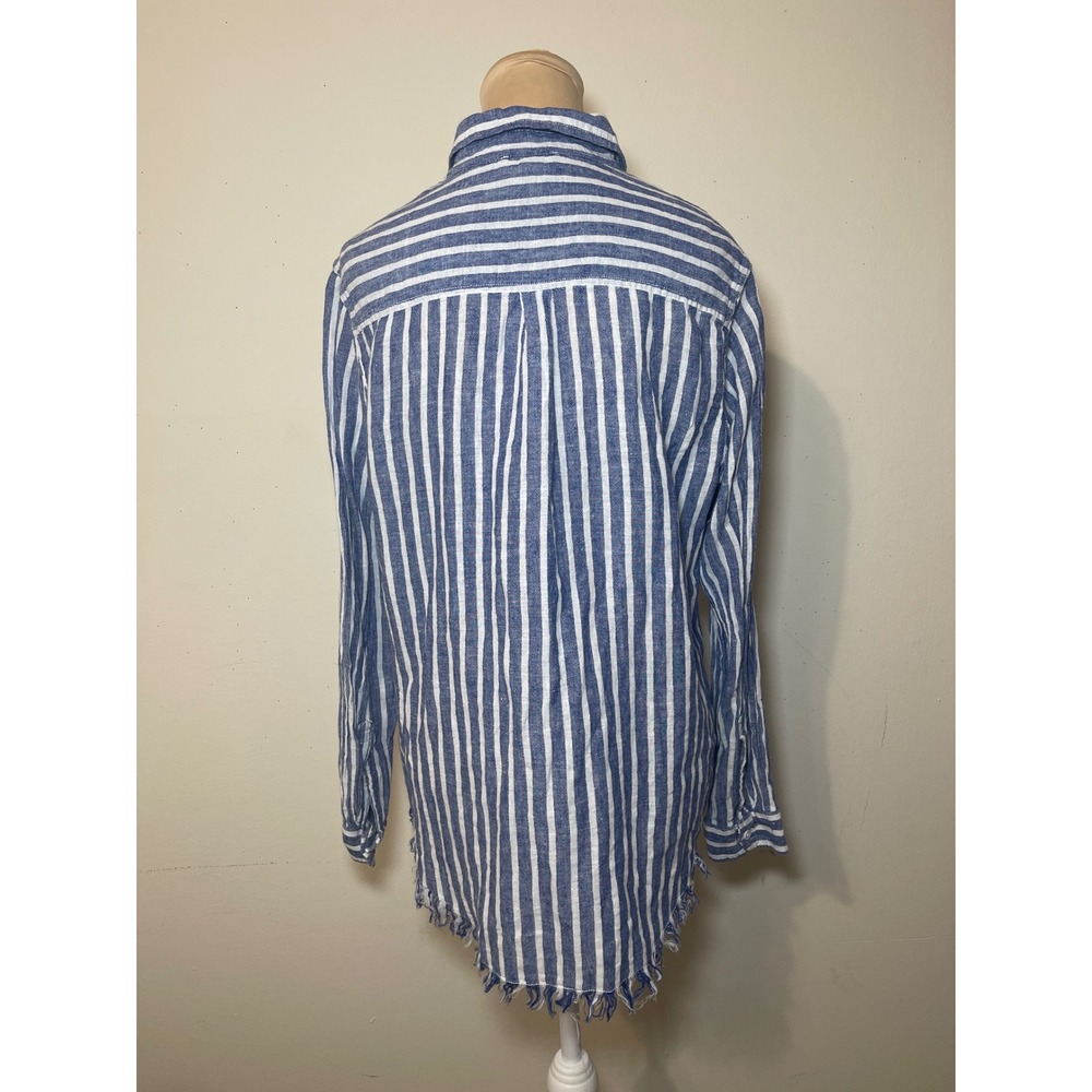 Beachlunchlounge Striped Linen Blend Shirt L Blue Coastal Nautical Casual Preppy - Picture 6 of 8
